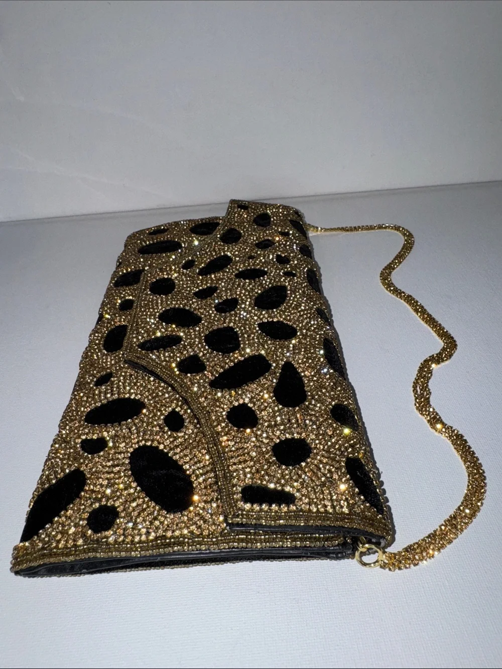 Vintage Glam Beaded Leopard Print Clutch – Gold Rhinestone Evening Bag